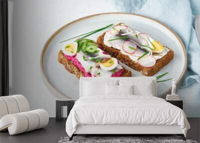 Savory smorrebrod, two traditional Danish sandwiches. Black rye bread with anchovy, beetroot, radish, eggs, cream cheese on grey plate on a white stone table, side view Wall mural