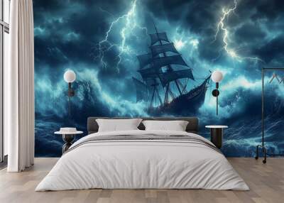 cargo ship caught in a storm at sea. dark shades of the picture. Wall mural