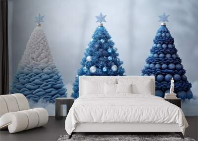 Christmas trees, blue ornaments, white background. Generative AI Wall mural