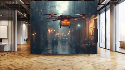 Drone delivering packages in urban environment, modern logistics solutions. Generative AI Wall mural