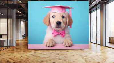 Golden retriever puppy wearing student cap, bow tie. Minimal creative concept of going back to school, graduation day, education and learning. Freshman or rookie. Pastel colors, copy space background Wall mural