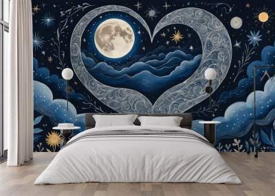 Heart-shaped design with intricate patterns and a full moon against a starry night sky Wall mural