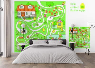 Help children collect 10 Easter eggs and take them home. Maze game with solution. Developing game for children. Wall mural