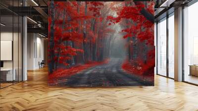 road to the forest where the trees have red leaves. Wall mural