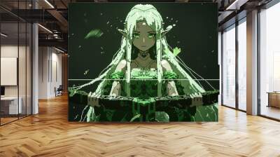 warrior girl with long white hair, green clothes and a sword. pixel art. character design Wall mural