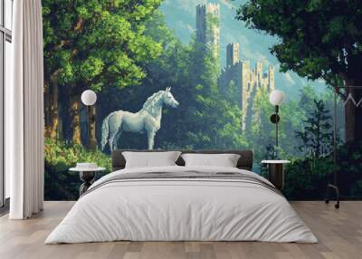 white horse on the background of the castle in pixel style Wall mural