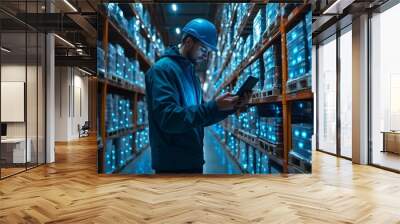 Workers using handheld scanners in a smart warehouse, inventory management technology, logistics efficiency. Generative AI Wall mural