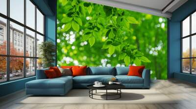 Green leaves over abstract background Wall mural