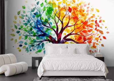 Watercolor clipart of a decorative fantasy tree with multicolored leaves on white background Wall mural