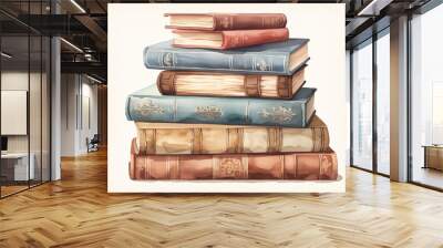 Watercolor Old Books Stack on white background Wall mural