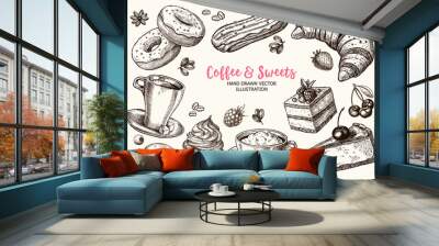 Set of hand drawn delicious sweets. Vector illustration. For dessert menu or food package design. Wall mural