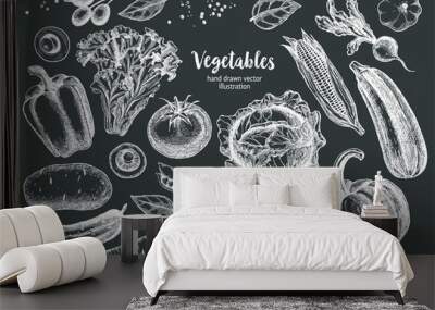 Vegetables Collection With Sketch or Hand Drawn Style on Blackboard Background Wall mural