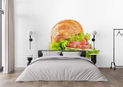 Meat cheese tomato croissant on a white isolated background Wall mural