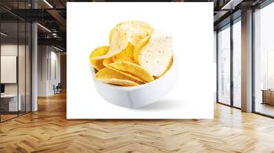 Yellow potato chips with salt and season on a white isolated background Wall mural