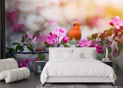 little bird Robin sitting on a branch of a flowering pink Apple tree in the spring garden of may Wall mural