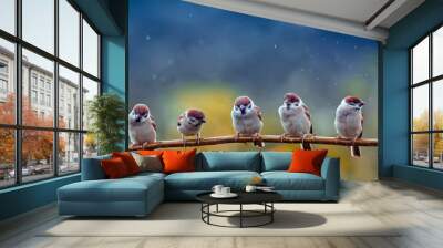 natural panoramic photo with little funny birds and Chicks sitting on a branch in summer garden in the rain Wall mural