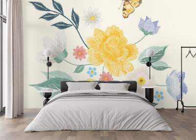 Embroidery simplified floral pattern with butterfly and flowers. Vector asymmetrical traditional trend fashion ornament with leaves and various plants on beige background. Wall mural