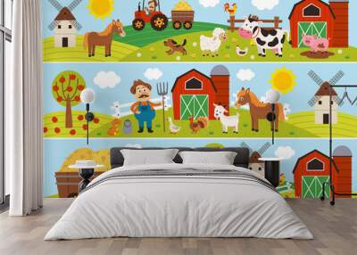  set of isolated horizontal banners with farmer and pets - vector illustration, eps     Wall mural