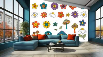 
 set of isolated retro flowers and mushrooms Wall mural