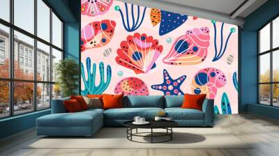 pink seamless pattern with beautiful underwater sea life  - vector illustration, eps Wall mural