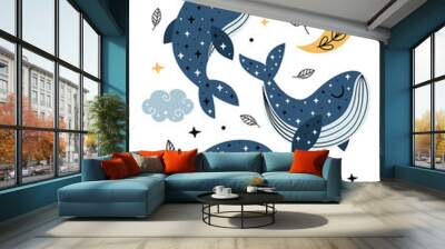 poster with celestial whales, moon and clouds
-  vector illustration, eps Wall mural