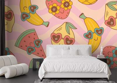 seamless pattern with cute fruits on wave background Wall mural