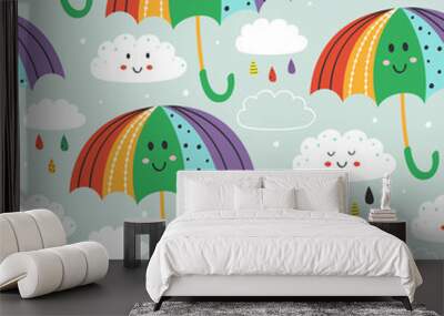 seamless pattern with cute umbrella and rain cloud   - vector illustration, eps     Wall mural