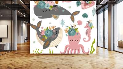 set of isolated beautiful sea animals with flowers Wall mural