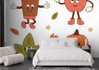 set of isolated cute autumn leaf, pumpkin, apple, hot drink Wall mural