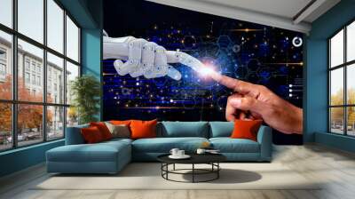 AI, Machine learning, Hands of robot and human touching the big data exchange with analog and digital transformation algorithms, artificial intelligence technology, innovation futuristic business. Wall mural