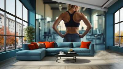 A fit woman standing confidently in a gym, wearing athletic workout gear, surrounded by exercise equipment. The image represents strength, fitness, and dedication to a healthy lifestyle. Wall mural