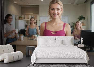 An active young woman with a coffee in a break room, showcasing workplace wellness and balance. Wall mural