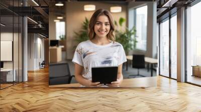 Young woman in a striped top holding a tablet, office background. Friendly and tech-forward professional. Wall mural