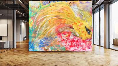  Painting with acrylic paints goldfish. Abstract hand-drawing of a fish in vibrant colors. Illustration for a book or postcard Wall mural