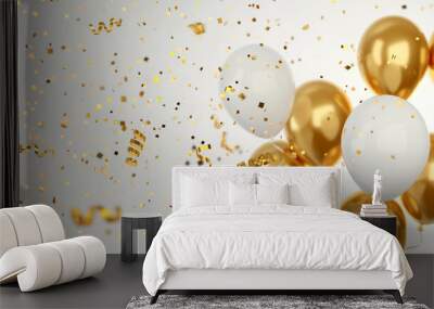 Balloon birthday background confetti anniversary happy gold party ballon white. Birthday balloon background ribbon card design 3D golden isolated celebrate decoration Wall mural