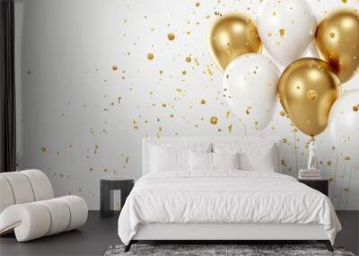 Balloon birthday background confetti anniversary happy gold party ballon white. Birthday balloon background ribbon card design 3D golden isolated celebrate decoration Wall mural