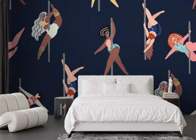 Vector cute seamless pattern with pole dance girls on a dark background. Pole dance illustration for fitness, striptease dancers, exotic dance. Body positive Wall mural