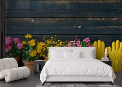 collection of flowering plants in terracotta pots arranged on a dark wooden deck Wall mural