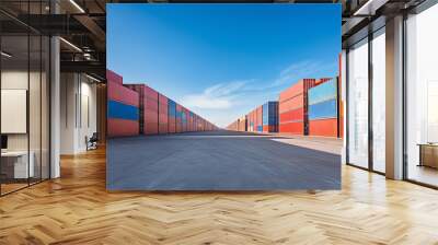 Container yard with a clear blue sky and ample ground space, focusing on global business logistics for freight carriers and cargo transportation Wall mural