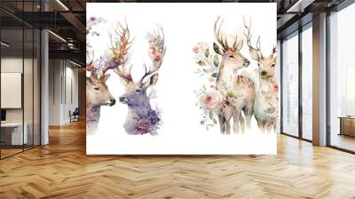 Cute romantic deers with horns flower bouquets created with Generative AI technology Wall mural