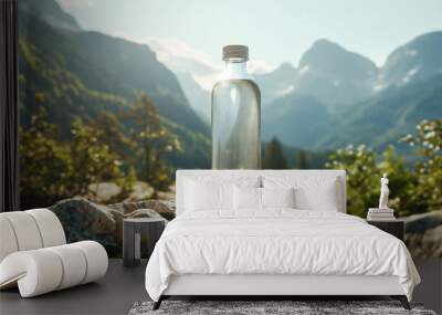 generic mineral glass water bottle in the middle of nature on a rock mockup with mountains backgroun Wall mural