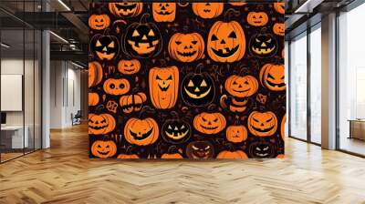 Halloween pumpkin orange heads over black background Wall mural