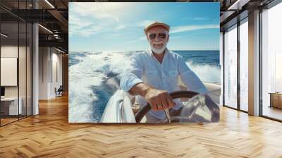 Happy smiling senior old man driving white luxury speedboat or motorboat on sea or ocean water. Retirement adventure for elderly male person, pensioner summer leisure Wall mural