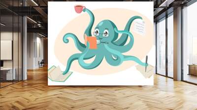 An octopus doing many things at once. Multitasking and education concept. Reading books. Wall mural