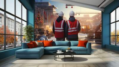 two construction workers are standing on christmas decoration construction Wall mural