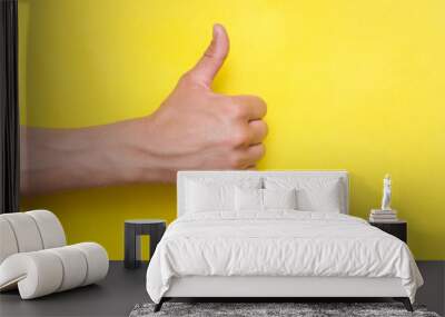 Male hand showing a thumbs up gesture isolated on yellow background. Wall mural