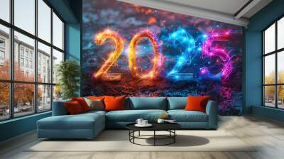 New Year background with 2025, balls and snowflakes. christmas balls on snow. New Year card with copy space. AI Generated Wall mural