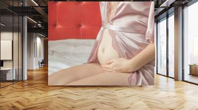 Pregnant woman holding hands on her belly. Belly of a pregnant woman on 16 week, 4 month. A woman is stroking her belly in the second trimet of pregnancy Wall mural