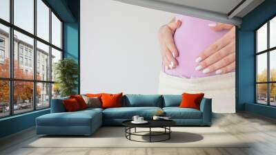 Pregnant woman in the early stages touches the belly with her hands. First and second trimester of pregnancy Wall mural