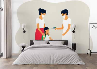 In order for the child to take part in the classes, you need to measure the temperature. Masked adults measure the temperature of the child. Epidemic, pandemic. Mother with daughter. Vector flat illus Wall mural